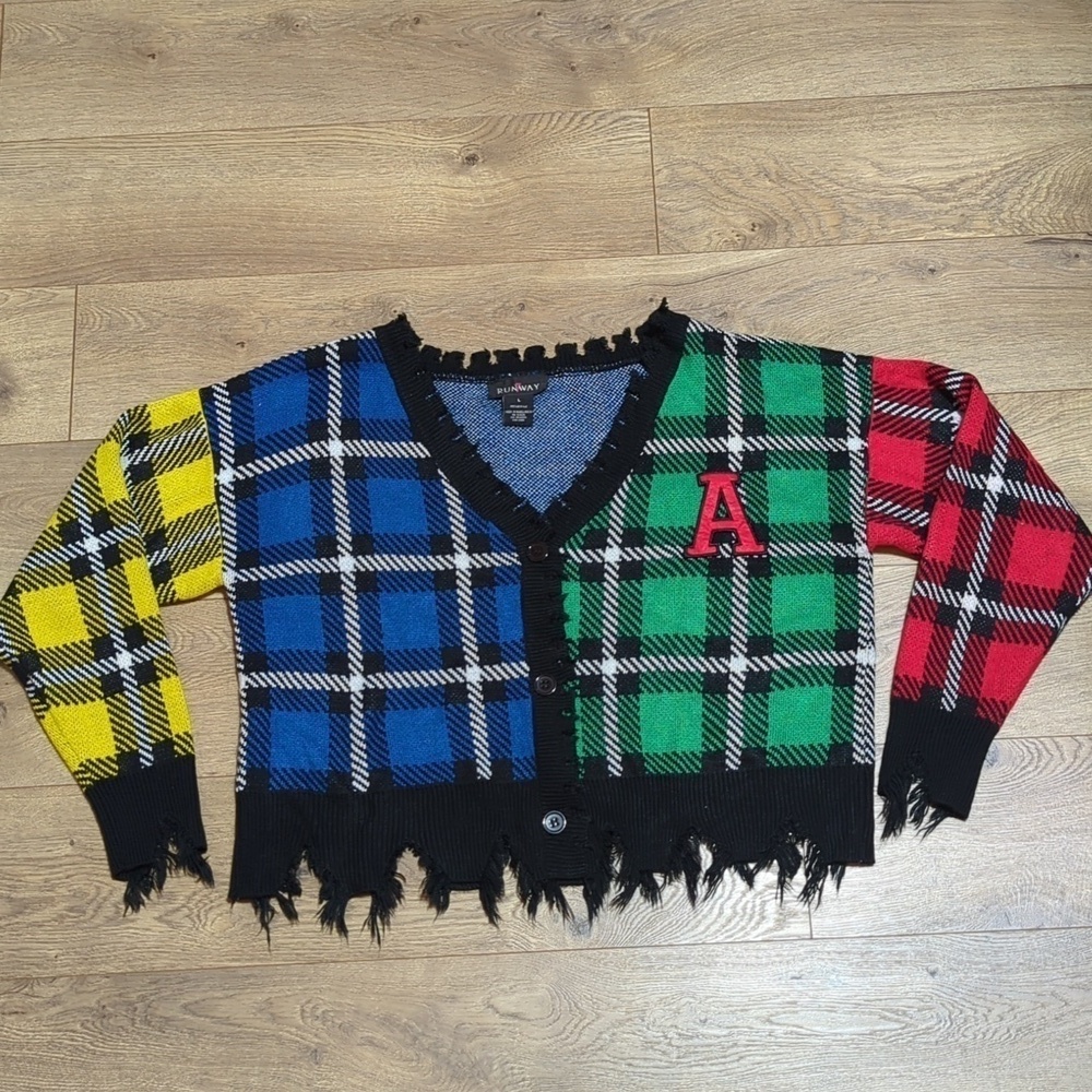 Runway 7 Distressed Plaid Cropped Varsity Multicolor Cardigan Size L